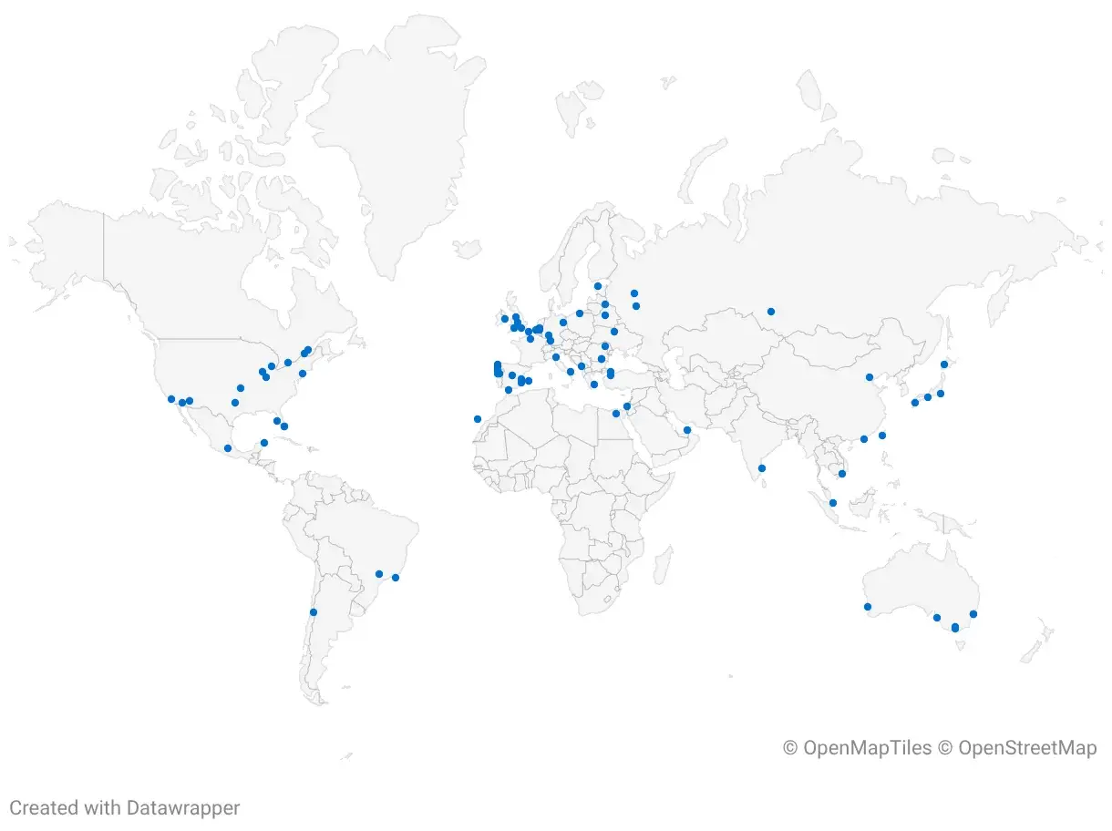 World map of certified ZAGA Centers for zygomatic implants